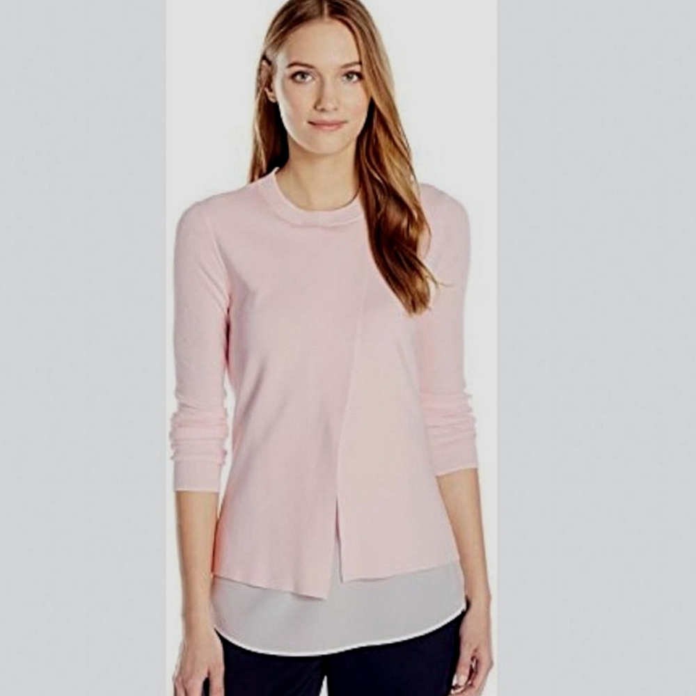 Ted Baker Cotton Knit Top Ribbed Sleeves Pink With White Size 3 Large